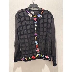 Berek Vintage Beaded Sequin Black Applique Women Cardigan Sweater Women Sz.xL